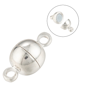 Brass Magnetic Clasps with Loops, Nickel Free, Round, Silver Color Plated, 11.5x6mm, Hole: 1.2mm