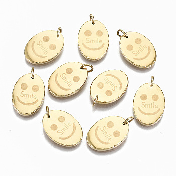 304 Stainless Steel Pendants, with Jump Rings, Oval with Word Smile, Real 14K Gold Plated, 17.5x12.5x2mm, Jump Ring: 5x0.8mm, 3.4mm inner diameter