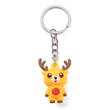 Christmas Themed Iron Keychains, with Silicone Pendants, Deer, 8.5cm, Deer: 36x25x15.5mm