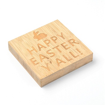 Natural Wood Display Decorations, Square with Word Happy Easter Y'All, BurlyWood, 101.5x101.5x19mm