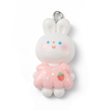 Opaque Resin Pendants, Rabbit Charms, with Platinum Tone Iron Loops, Rabbit, 33x15x7.5mm, Hole: 2mm