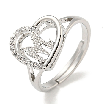 Heart with Letter Rack Plating Brass Micro Pave Cubic Zirconia Adjustable Rings for Women, Lead Free & Cadmium Free, Platinum, Letter M, Inner Diameter: 16mm