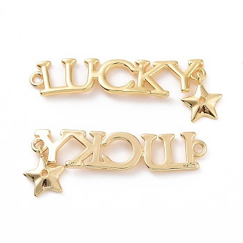 Brass Connector Charms, Word Lucky with Star, Real 18K Gold Plated, 14x40x1.5mm, Hole: 1.6mm