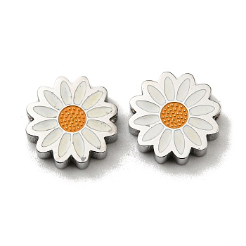 304 Stainless Steel Beads, with Enamel, Daisy, Stainless Steel Color, 9.5x2.5mm, Hole: 1.4mm