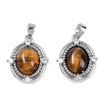 Natural Tiger Eye Oval Pendants, Brass Clear Cubic Zirconia Charms, Platinum, 18x15x4.5mm, Hole: 3.5x2.5mm