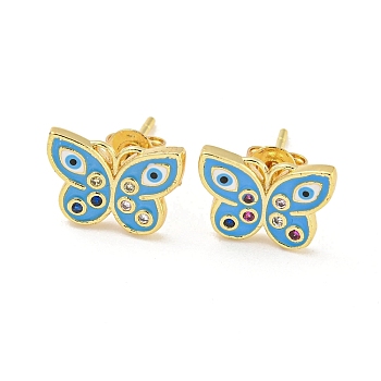 Butterfly with Evil Eye Real 18K Gold Plated Brass Stud Earrings, with Enamel and Cubic Zirconia, Deep Sky Blue, 9x12.5mm