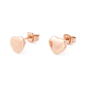 6 Pairs 304 Stainless Steel Heart Stud Earrings for Women, Rose Gold, 7x9mm, Pin: 1mm