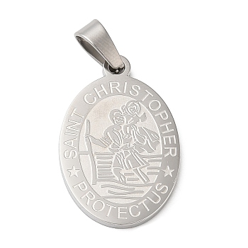 304 Stainless Steel Pendants, Oval with Saint Christopher Charm, Stainless Steel Color, 27x18x2mm, Hole: 7.5x4mm