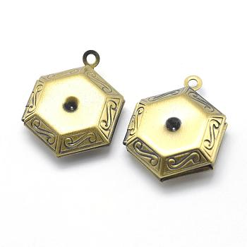 Brass Locket Pendants, Photo Frame Charms for Necklaces, Cadmium Free & Nickel Free & Lead Free, Hexagon, Brushed Antique Bronze, 23x18x6mm, Hole: 1.5mm, Inner Size: 11x12.5mm, Fit For 2mm Rhinestone