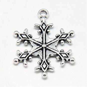 Tibetan Style Alloy Pendants, Snowflake, Cadmium Free & Lead Free, Antique Silver, 28x22x2.5mm, Hole: 2mm, about 480pcs/1000g