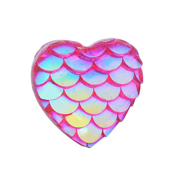 Resin Cabochons, Heart with Mermaid Fish Scale, Magenta, 12x12x3mm