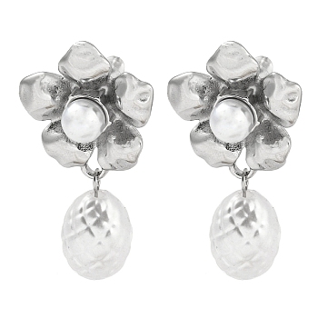 304 Stainless Steel Flower Stud Earrings, with ABS Plastic Imitation Pearl Beads, Stainless Steel Color, 36x19.5mm