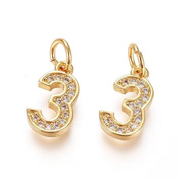 Brass Micro Pave Clear Cubic Zirconia Charms, with Jump Ring, Number, Golden, Num.3, 12x7x2mm, Hole: 3mm