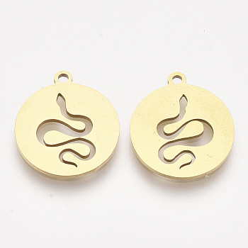 201 Stainless Steel Pendants, Laser Cut Pendants, Flat Round with Snake, Golden, 17x15x1mm, Hole: 1.4mm