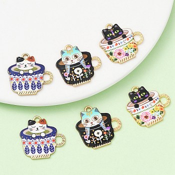 6Pcs 3 Style Japanese Style Print Alloy Enamel Pendants, Cup with Cat, Cadmium Free & Lead Free, Golden, Mixed Color, 22.7x22.5x1.8mm, Hole: 1.8mm, 2pcs/style