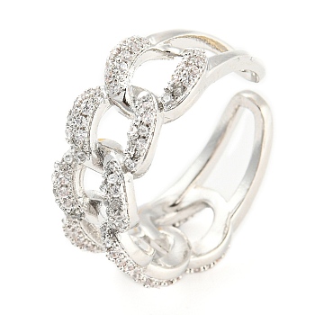 Curb Chains Shape Brass Open Cuff Rings with Cubic Zirconia, Lead Free & Cadmium Free, Platinum, Inner Diameter: 17.4mm