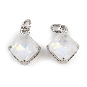 Brass Pave Cubic Zirconia Pendants, Rhombus Charms, with Glass & Jump Ring, Rack Plating, Lead Free & Cadmium Free, Long-Lasting Plated, Platinum, 13.5x11x6.5mm, Hole: 3.4mm
