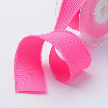 Polyester Frayed Grosgrain Ribbons, Printed, with Fringe Tassel, Hot Pink, 1-1/2 inch(38mm), about 50yards/roll(45.72m/roll)