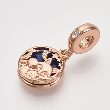 Brass Cubic Zirconia European Dangle Charms, Large Hole Pendants, with Blue Enamel, Flat Round with Fox, Real Rose Gold Plated, 26mm, Hole: 4mm, Flat Round: 15x13x4.5mm