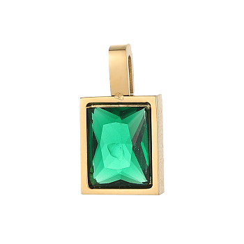 304 Stainless Steel Rhinestone Charms, Rectangle, Ion Plating(IP), Real 18K Gold Plated, Emerald, 15x8mm