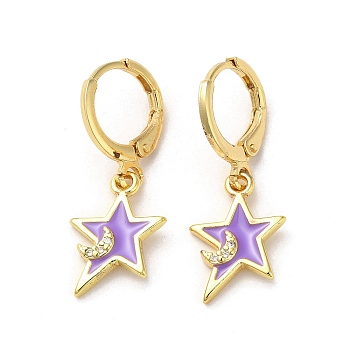 Star & Moon Real 18K Gold Plated Brass Dangle Leverback Earrings, with Enamel and Cubic Zirconia, Lilac, 25.5x11mm