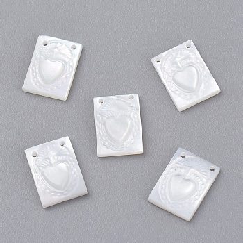 Natural White Shell Mother of Pearl Shell Charms, Rectangle with Heart, 11x8x1.5mm, Hole: 0.8mm