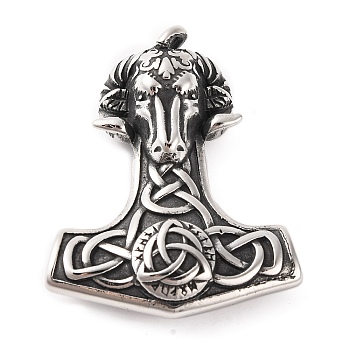 316 Surgical Stainless Steel Big Pendants, Goat Head Thor's Hammer with Knot Charm, Antique Silver, 50x41x12.5mm, Hole: 3.5mm
