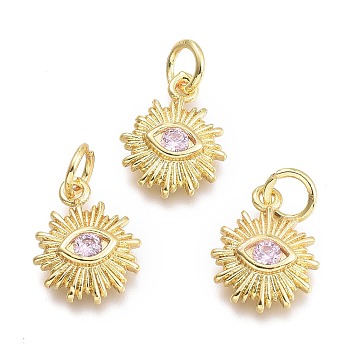 Brass Micro Pave Cubic Zirconia Pendants, with Jump Ring, Sun with Eye, Real 18K Gold Plated, Lavender Blush, 12.5x10x2.7mm, Jump Rings: 5x0.8mm, Inner Diameter: 3mm