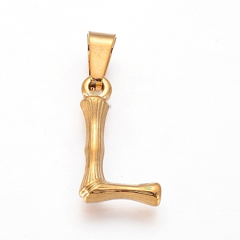 304 Stainless Steel Pendants, Bamboo Style, Letter, Golden Color, Letter.L, 19x11x3mm, Hole: 3x7mm