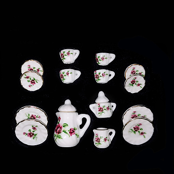 Mini Porcelain Tea Set, including 2Pcs Teapots, 5Pcs Teacups, 8Pcs Dishes, for Dollhouse Accessories, Pretending Prop Decorations, Flower Pattern, 121x86x25mm, 15pcs/set