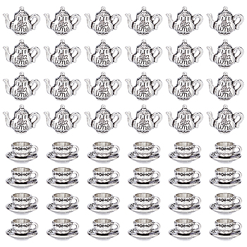 48Pcs 2 Styles Alloy Tea Pot & Coffee Cup Miniture Model, Micro Landscape Dollhouse Accessories, Pretending Prop Decorations, Antique Silver, 13~14x14~16x7~8.5mm, 24pcs/style