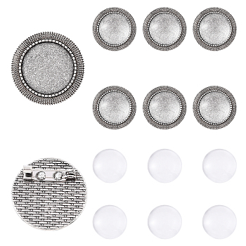 DIY Flat Round Brooch Making Kits, Included 5Pcs Alloy Brooch Cabochon Bezel Settings, 5Pcs Transparent Glass Cabochons, Antique Silver