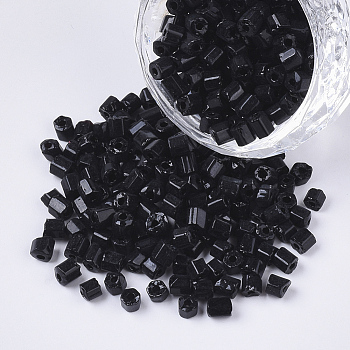 6/0 Two Cut Glass Seed Beads, Hexagon, Opaque Colours, Black, 3.5~5x3.5~4mm, Hole: 1mm, about 4500pcs/bag