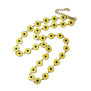 Yellow Enamel Daisy Flower Link Chain Necklace, Ion Plating(IP) 304 Stainless Steel Jewelry for Women, Golden, 17.80 inch(45.2cm)