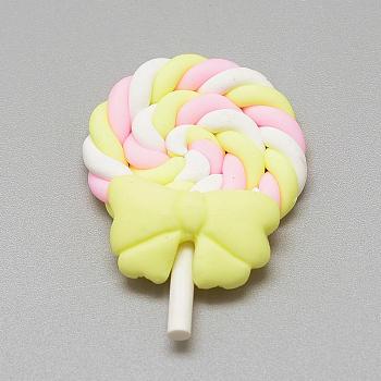Handmade Polymer Clay Beads, No Hole, Lollipop with Bowknot, Yellow, 39~48x27~30x7~9mm
