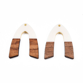 Opaque Resin & Walnut Wood Pendants, V Shape Charm, Creamy White, 38x29x3mm, Hole: 2mm