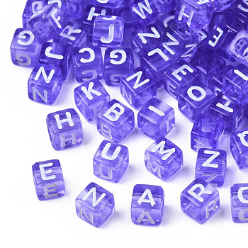Transparent Acrylic Beads, Cube with White Random Mixed Letters, Blue Violet, 6x6x6mm, Hole: 3.5mm