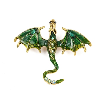 Dragon Enamel Pins, Antique Golden Plated Alloy Rhinestone Brooch for Unisex, Green, 61x71x11mm