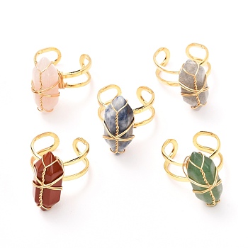 Copper Wire Wrapped Natural Gemstone Adjustable Rings for Women, Bullet Cuff Finger Rings, Real 18K Gold Plated, US Size 6 3/4, Inner Diameter: 17mm