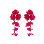 Alloy Cloth Flower Tassel Stud Earrings, Golden, Cerise, 110x51mm(FS-WG1853D-07)