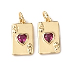 Brass with Cubic Zirconia Pendants, Playing Card Charms, Cadmium Free & Lead Free, Rack Plating, Long-Lasting Plated, with Jump Ring, Real 18K Gold Plated, Magenta, 16x9x2.5mm, Hole: 3mm(KK-C143-42G-01)