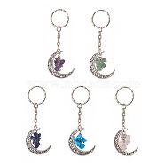 Natural & Synthetic Gemstone Chips Moon & Moon Alloy Pendant Keychain, with Iron Split Key Rings, Mixed Color, 10cm(KEYC-JKC00465)