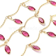 Handmade Brass Curved Bar Link Chains, with Deep Pink Glass Horse Eye Charms, with Spool, Soldered, Real 18K Gold Plated, Link: 18x3x1mm, about 16.40 Feet(5m)/Roll(KK-F871-60G)