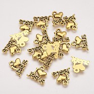 Tibetan Style Alloy Pendants, For Easter, Holy Charms(I Love Jesus), Cadmium Free & Lead Free, Heart, Antique Golden, 13x15x2mm, Hole: 3mm(X-PALLOY-2390-AG-LF)