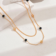 Fashionable Brass & Natural Black Onyx(Dyed & Heated) Double Layer Necklaces for Women, Real 18K Gold Plated, Perfect for Work, 18.11 inch(46cm)(YE5870-2)