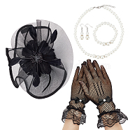 Party Supplies, Including Polyester Lace Cuff Mesh Long Gloves, Hat Flower Mesh Organza, Feathers Hair Band, ABS Plastic Pearl Beaded Necklace & Stretch Bracelet & Dangle Earrings, Black, 265x133x8mm(SJEW-GA0001-02A)