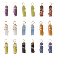 18Pcs 9 Styles Natural Gemstone Pendants, Column Charms, with Light Gold Tone Eco-Friendly Copper Wire Wrapped, 20~21x5~5.5mm, Hole: 2.3~2.8mm, 2pcs/style(FIND-FH0006-44)