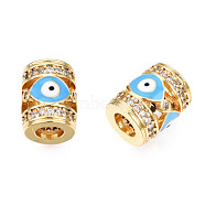 Brass Micro Pave Cubic Zirconia Beads, with Enamel, Real 18K Gold Plated, Column with Evil Eye, Nickel Free, Deep Sky Blue, 11.5x9.5mm, Hole: 4.5mm(KK-N227-90C)
