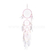 Handmade Round Woven Net/Web with Feather Wall Hanging Decoration, with Plastic Rings, Wooden Beads, for Home Offices Amulet Ornament, Pearl Pink, 850mm(HJEW-G015-05)