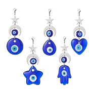 Handmade Evil Eye Lampwork Pendants Decorations, 201 Stainless Steel Moon Star and Lobster Claw Clasps Charms, Star/Flat Round/Heart/Teardrop/Hamsa Hand, Mixed Shapes, 100~118mm(HJEW-JM01008)